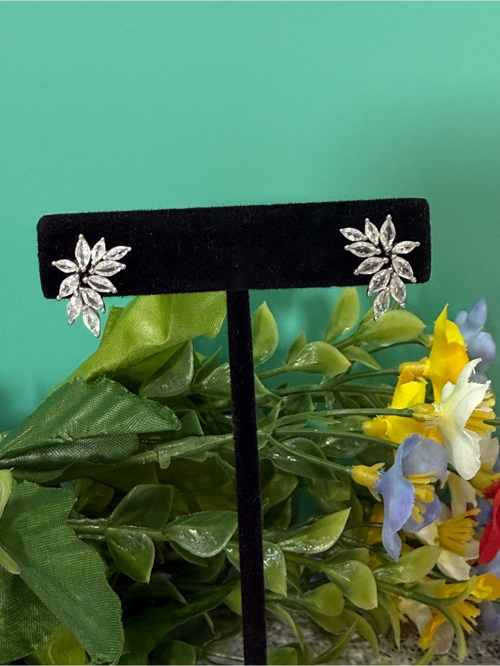 Silver Marquise CZ Flower Stud Earrings